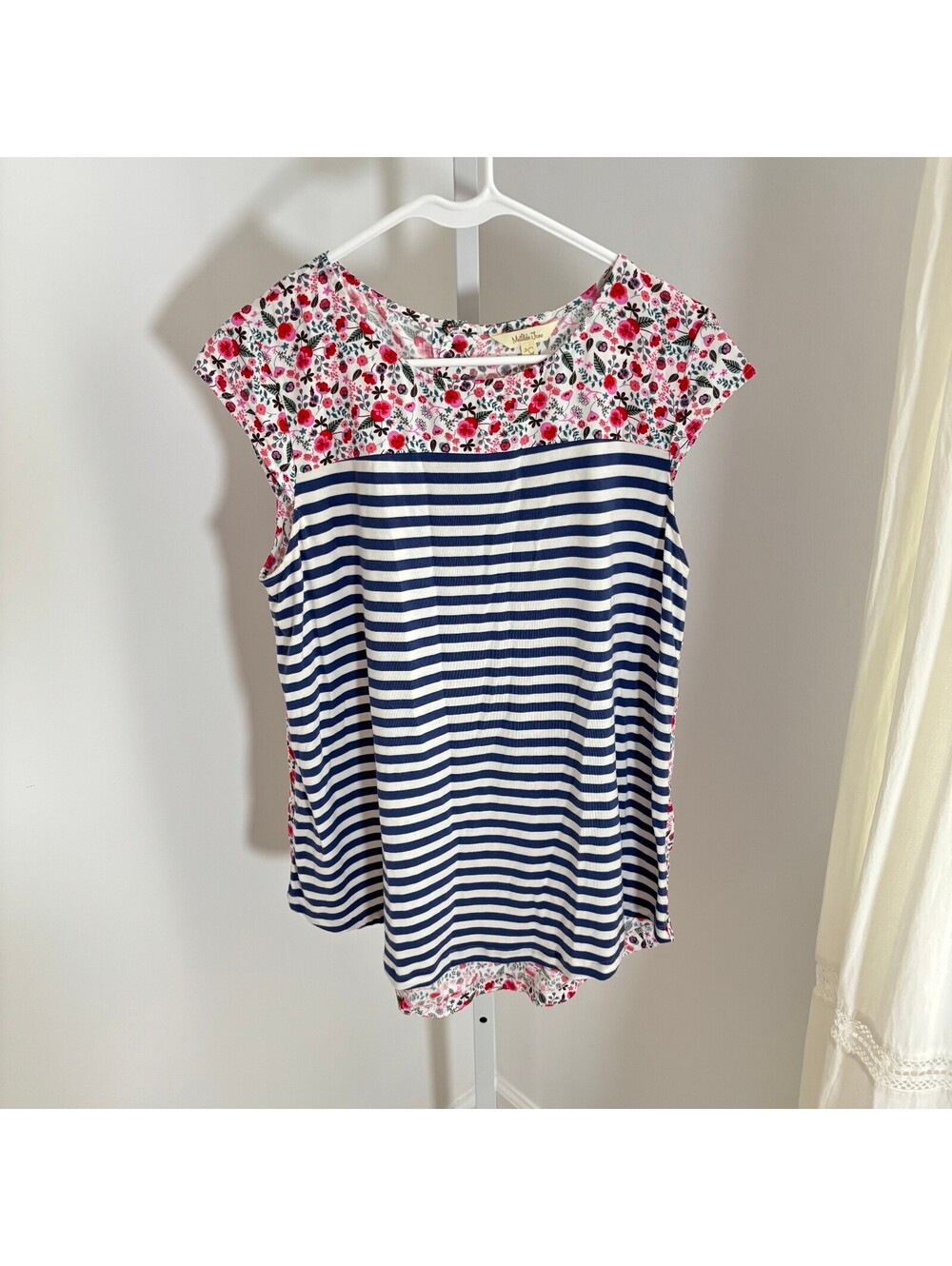 Matilda Jane EUC Women's Red Pink Floral Navy Striped "State Lines" Blouse L